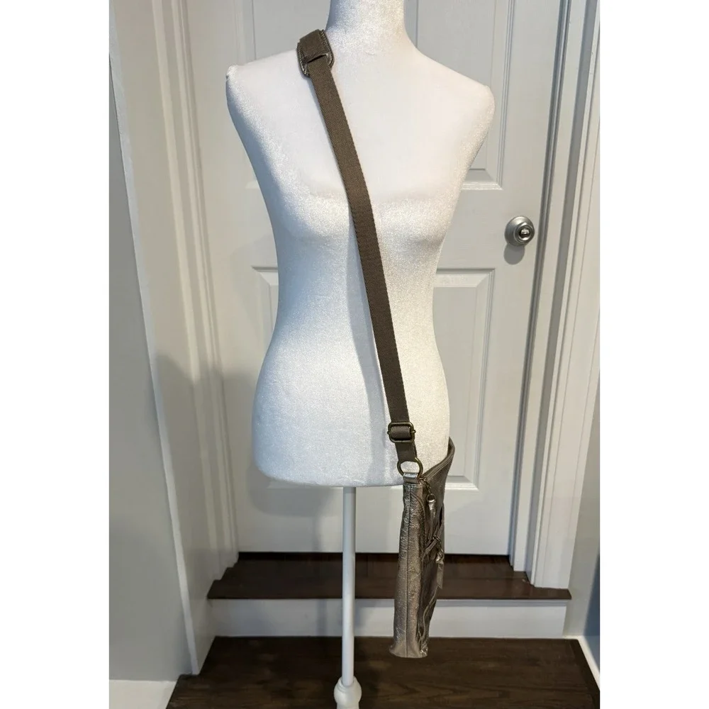 The Sak Metallic Pewter Leather Crossbody Bag Boho Charm Antiqued Brass Hardware